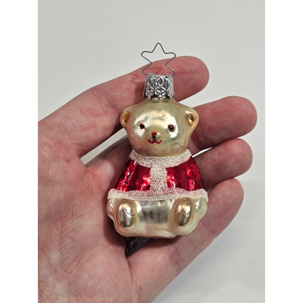 Vintage W Germany Glass Teddy Bear Christmas Ornament Red Santa Jacket Gold Star